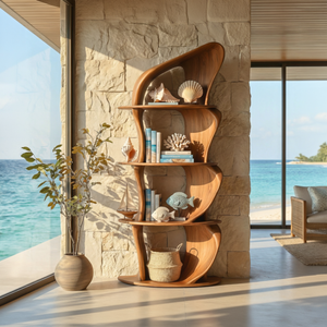 Solid Wood Sculptural Bookshelf with Asymmetrical Curves for Organic Modern Interiors