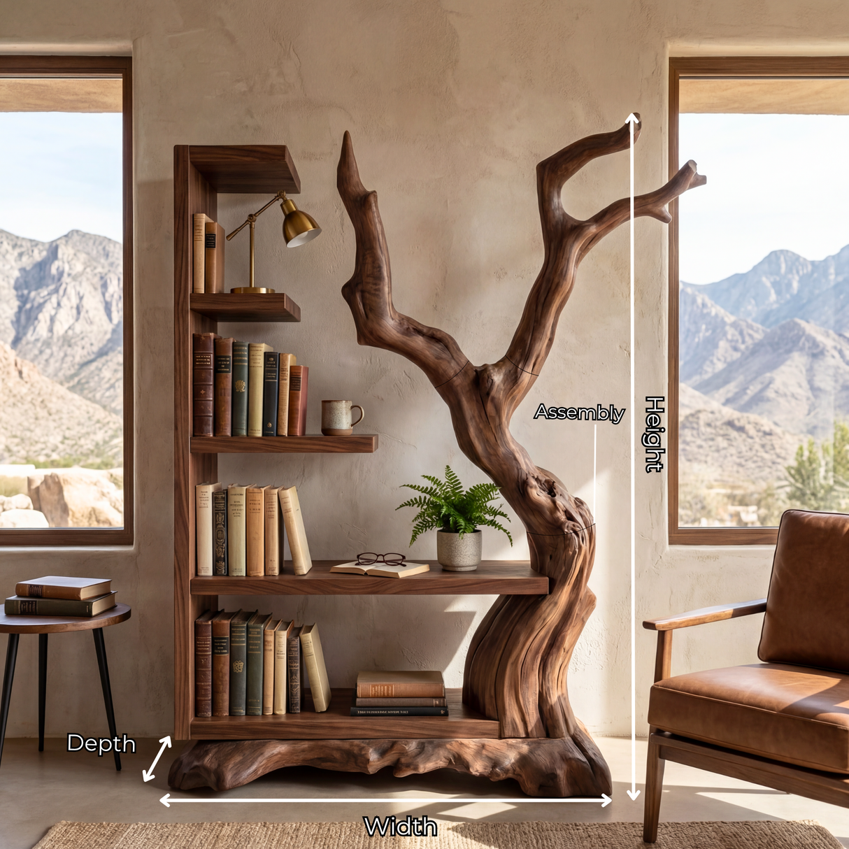 Tall Solid Wood Bookshelf with Sculptural Tree Form Organic Modern Display Shelf
