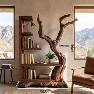 Tall Solid Wood Bookshelf with Sculptural Tree Form Organic Modern Display Shelf
