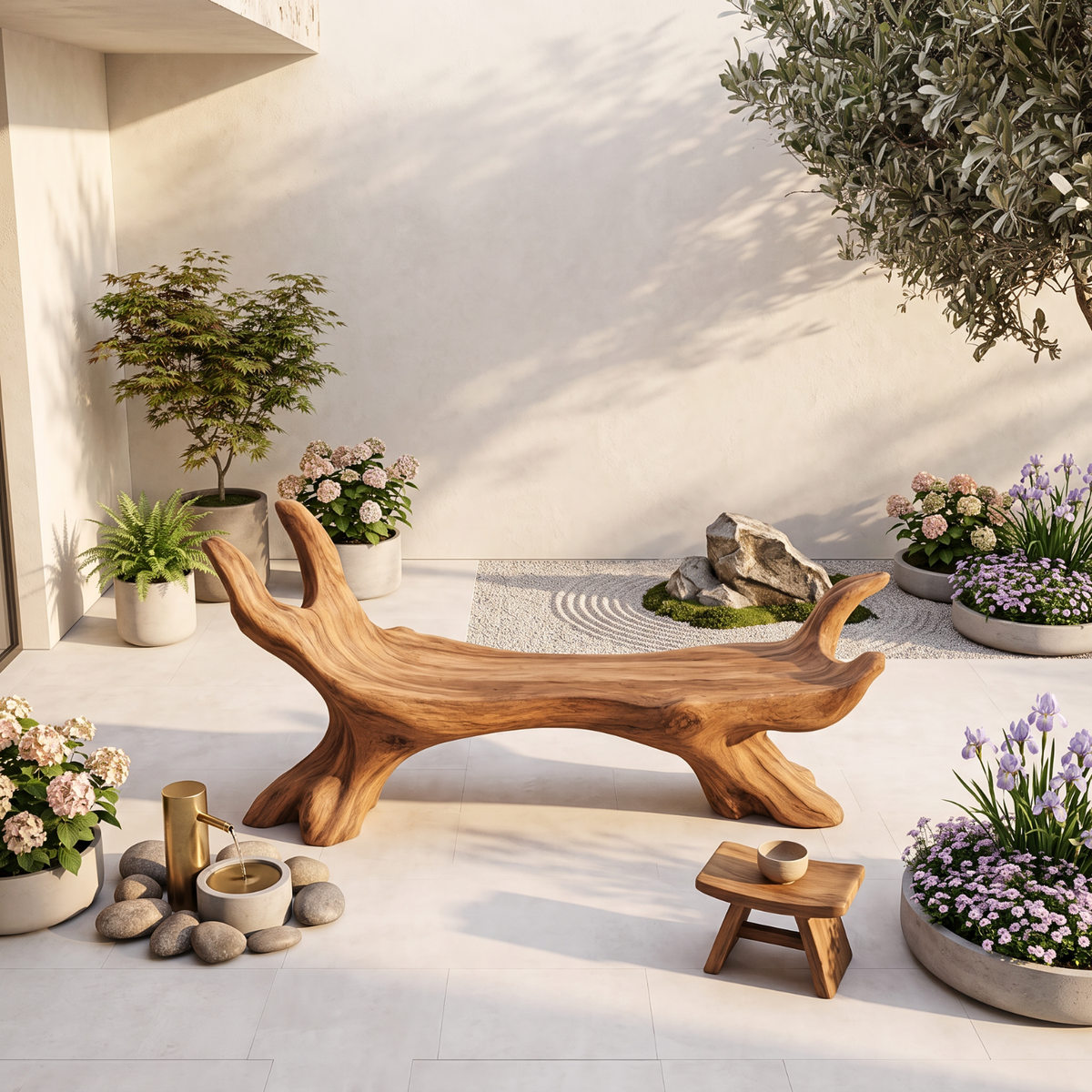 Organic Solid Wood Bench with Sculptural Branch Form