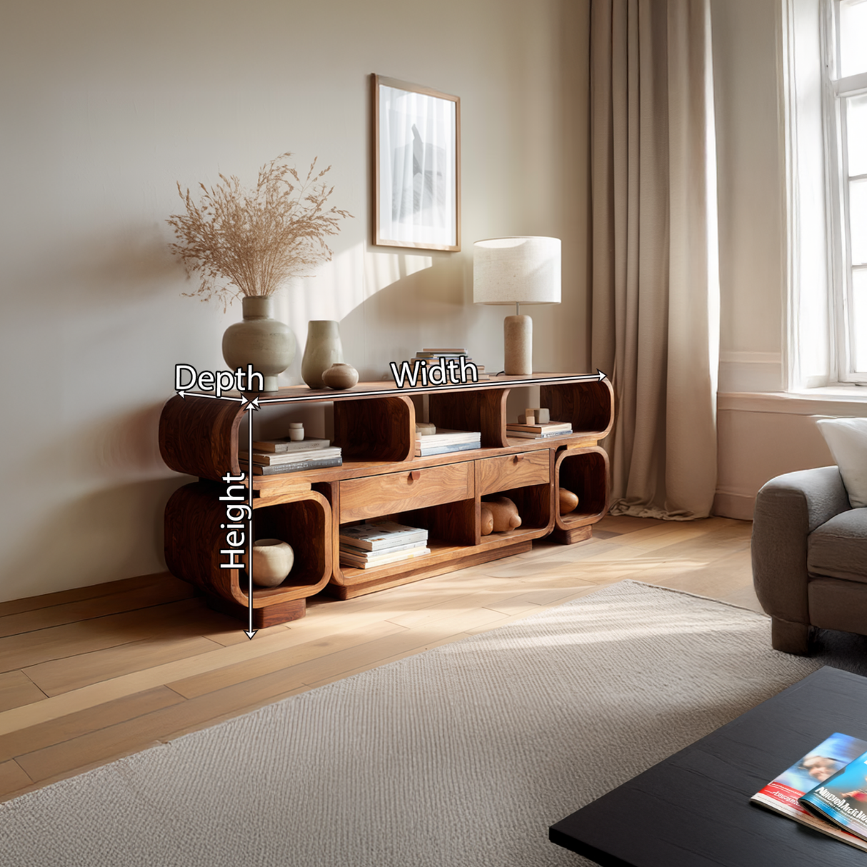 Living Room Sideboard Solid Wood Sideboard Modern Organic Wooden Credenza Curved Open Shelf Buffet Cabinet Sculptural Storage Console Natural Wood