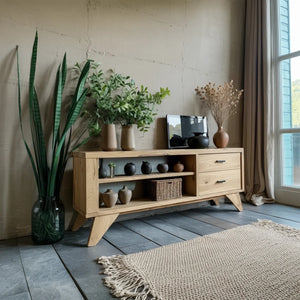 Solid Wood Sideboard with Open Shelves and Storage Drawers