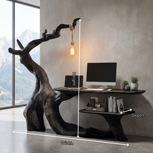Organic Sculptural Solid Wood Desk with Hanging Light Artistic Tree Form Writing Table Modern Workspace