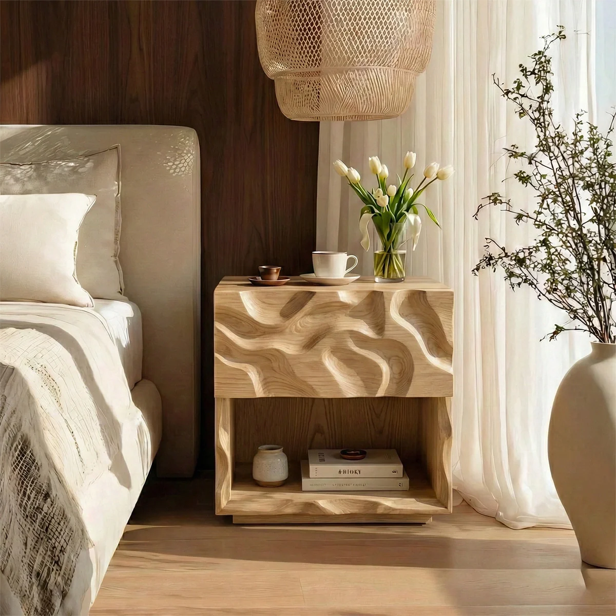 Modern Solid Wood Nightstand with Sculpted Wave Front