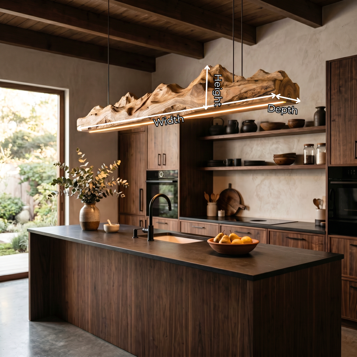 Organic Solid Wood Linear Pendant Light with Sculptural Live Edge Form