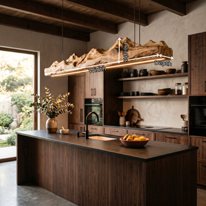 Organic Solid Wood Linear Pendant Light with Sculptural Live Edge Form