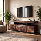 Solid Wood TV Stand with Floating Top and Sculpted Wave Front Cabinet