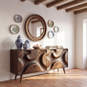 Sculpted Relief Solid Wood Sideboard Cabinet for Living and Dining