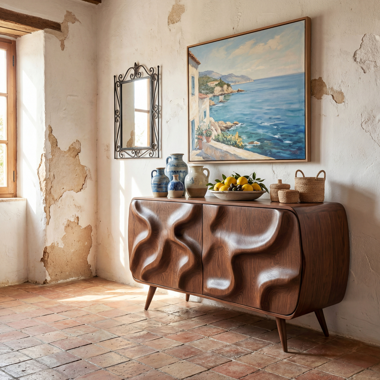 Sculpted Organic Wave Front Solid Wood Sideboard Cabinet