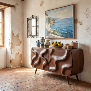 Sculpted Organic Wave Front Solid Wood Sideboard Cabinet