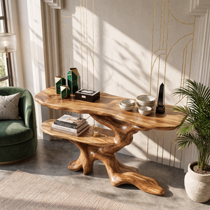 Console Table Solid Wood with Sculptural Branching Two Tier Base for Entryway Decor