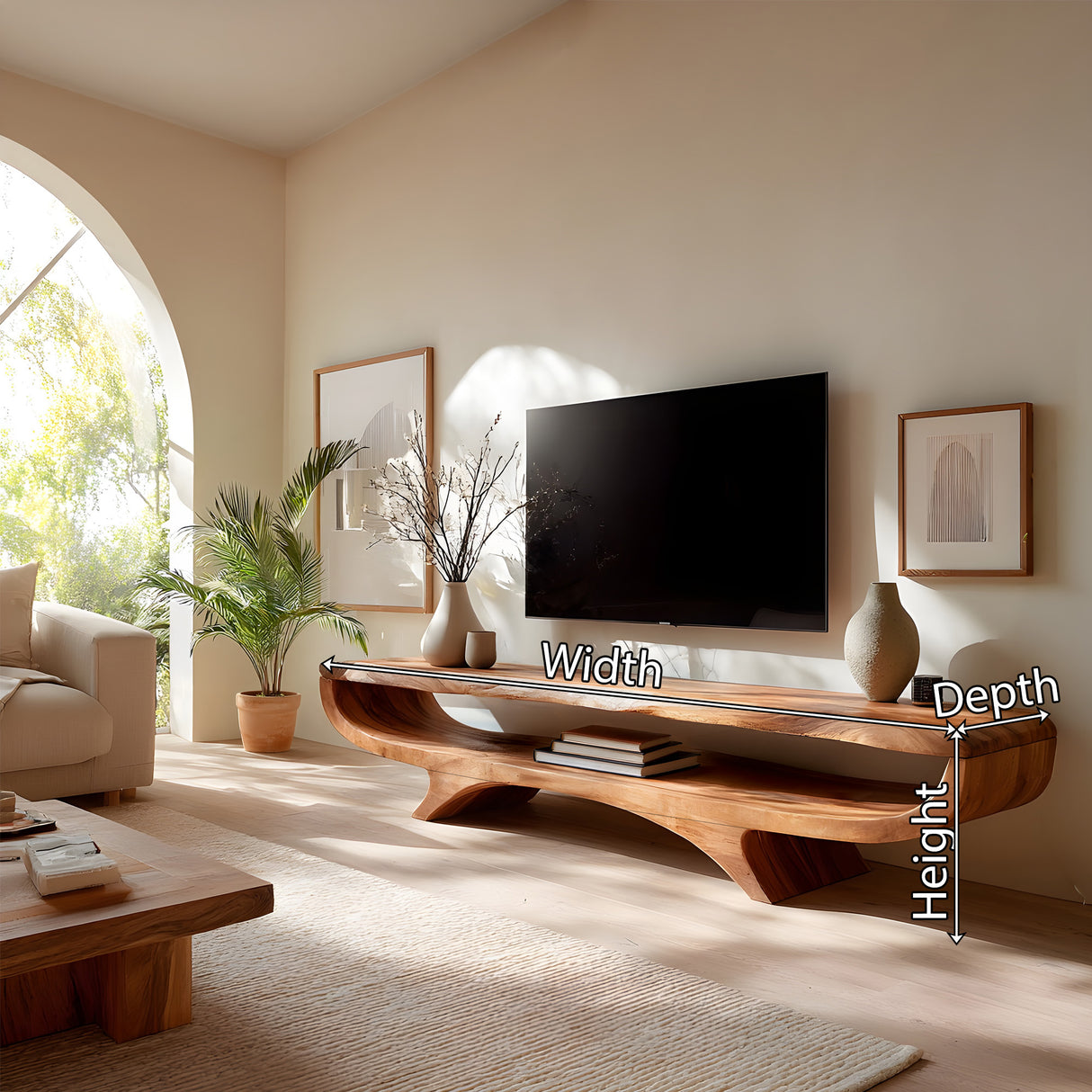 Curved Solid Wood Floating TV Console for Minimalist Interiors