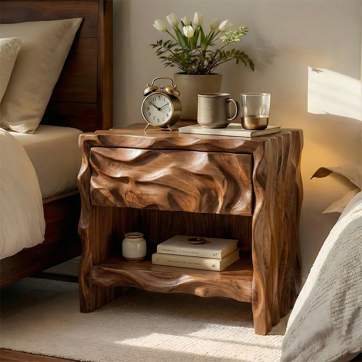 Organic Modern Solid Wood Nightstand with Open Shelf
