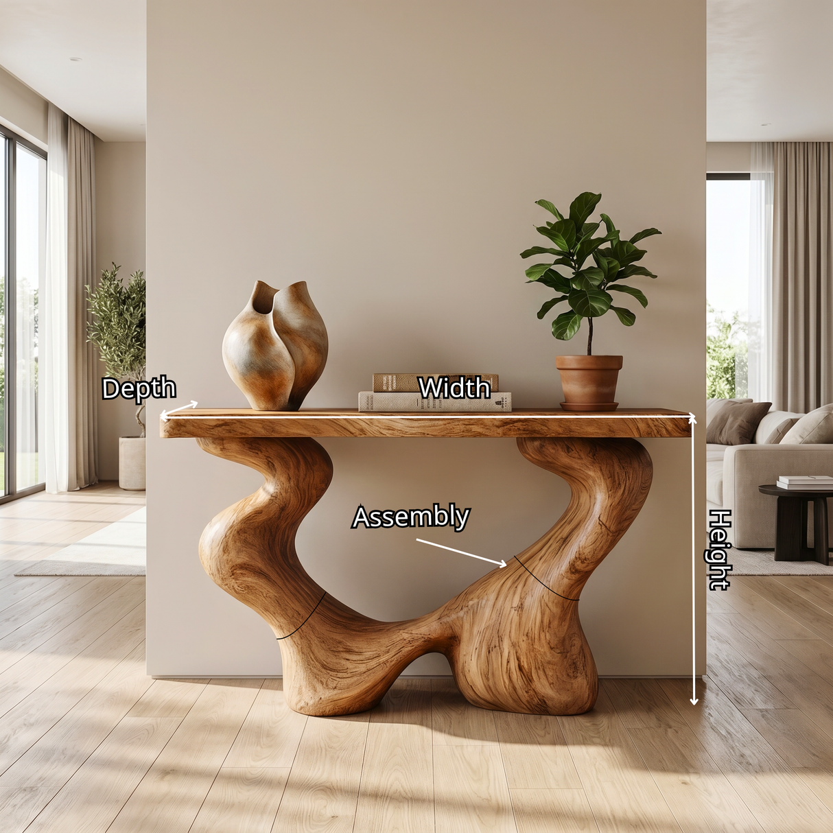 Console Table Solid Wood with Sculptural Open Arch Base for Entryway Decor