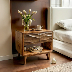 Handcrafted Solid Wood Nightstand with Wave Drawer & Shelf