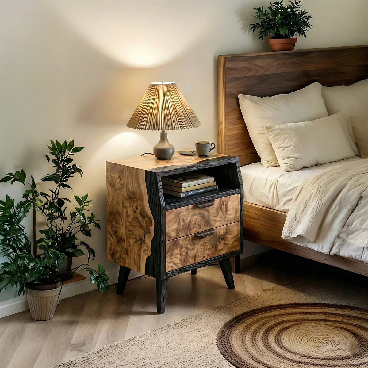 Modern Two-Tone Solid Wood Nightstand with Open Shelf & Double Drawers