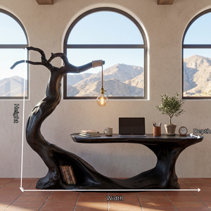 Sculptural Solid Wood Desk with Integrated Hanging Lamp and Open Shelf, Organic Writing Table, Artistic Reading Workspace