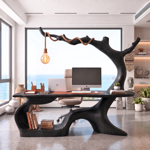 Handmade Solid Wood Tree Desk With Hanging Lamp Organic Modern Sculptural Office Table