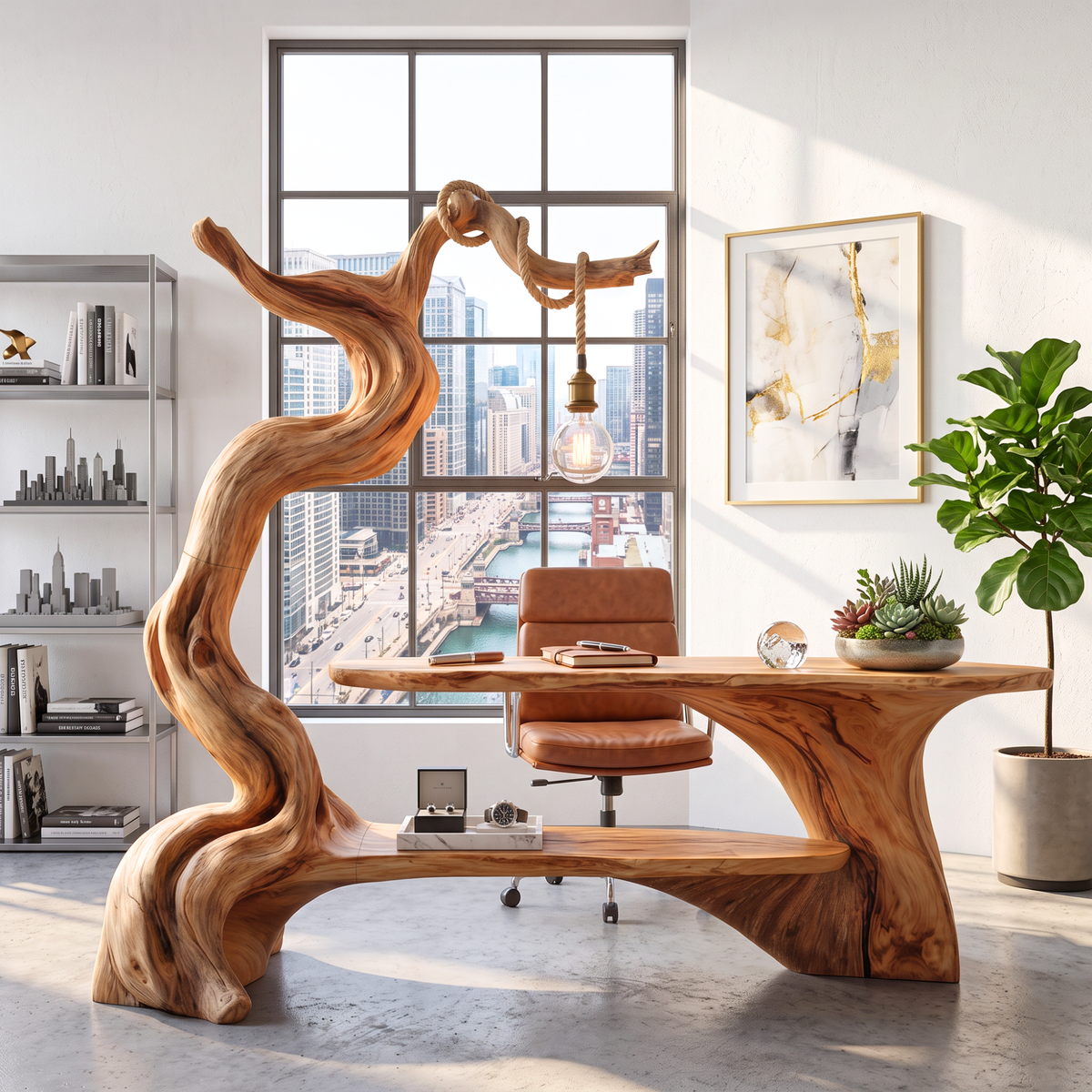 Desk Solid Wood with Hanging Lamp and Shelf for Reading Nook