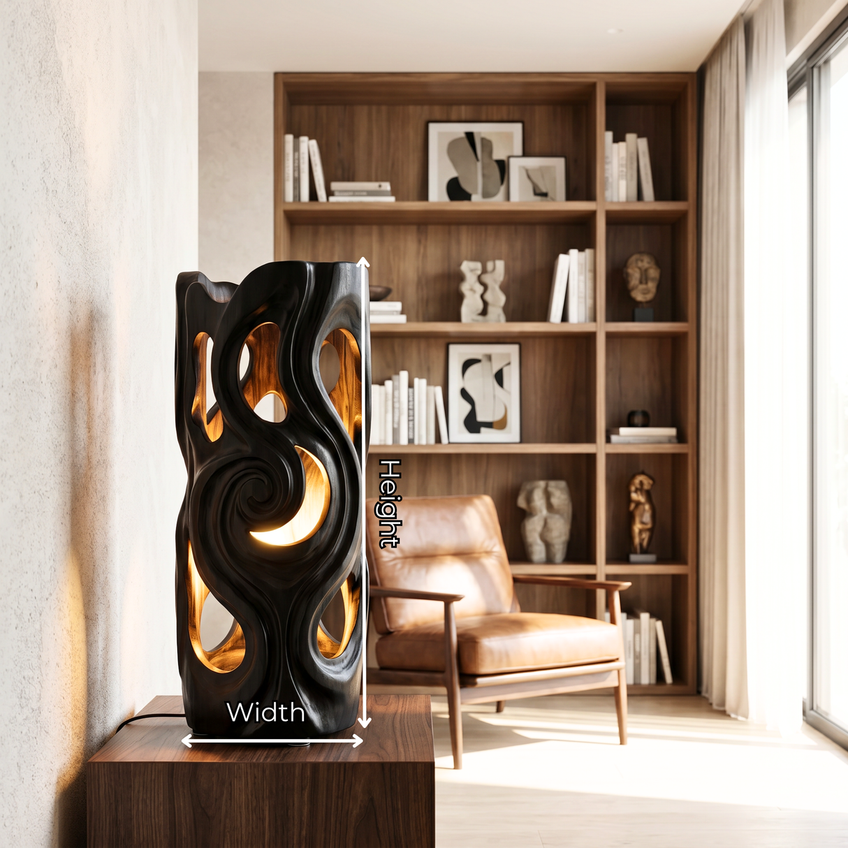 Carved Swirl Wood Table Lamp with Organic Cutouts