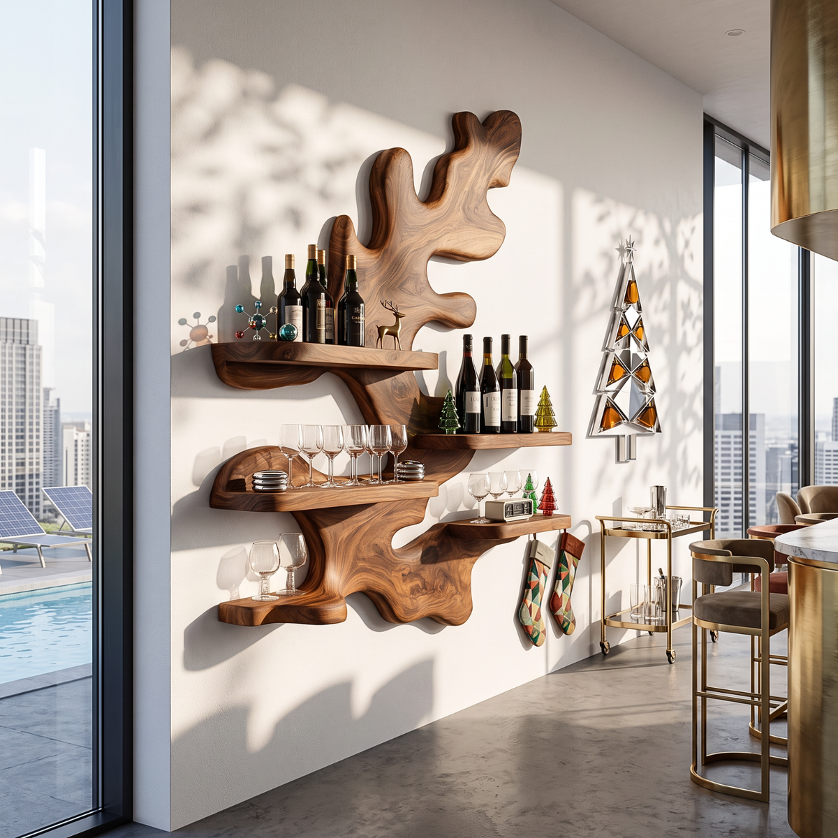 Sculptural Solid Wood Wine Rack with Organic Branch Shelves