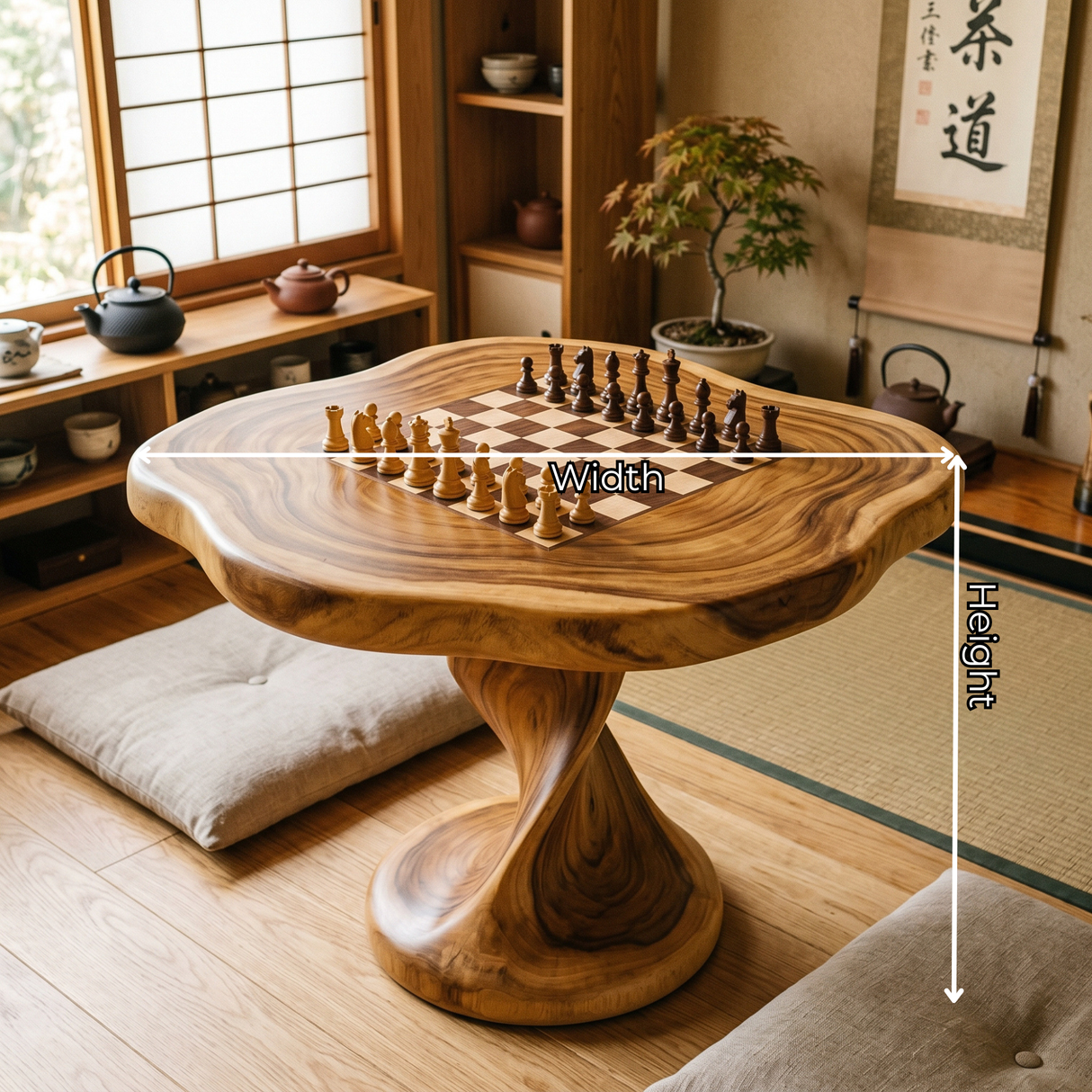 Handcrafted Solid Wood Chess Table with Organic Square Top and Pedestal Base