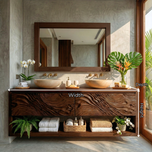 Double Vanity Cabinet with Carved Wave Front and Open Shelf