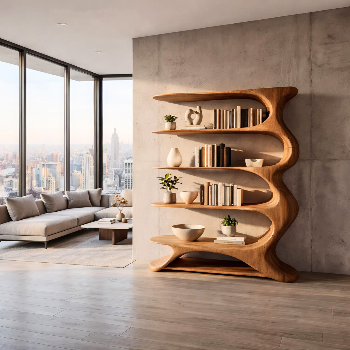 Wave Spine Wood Display Bookcase with Floating Open Shelves