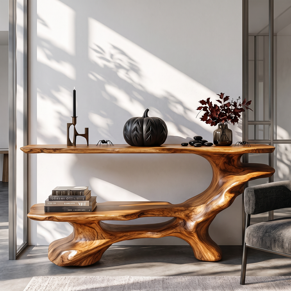 Artistic Solid Wood Console Table with Tiered Shelves and Flowing Branch Base