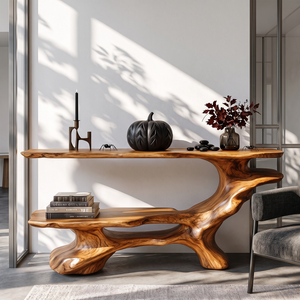 Artistic Solid Wood Console Table with Tiered Shelves and Flowing Branch Base
