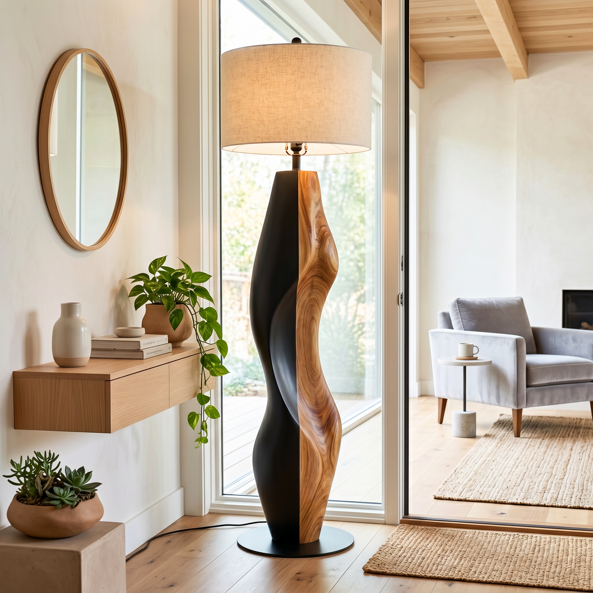 Sculptural Wood Floor Lamp with Organic Two-Tone Base and Fabric Drum Shade