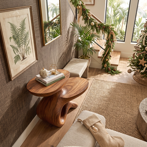 Sculptural Solid Wood Side Table with Two Tier Shelves and Organic Loop Base
