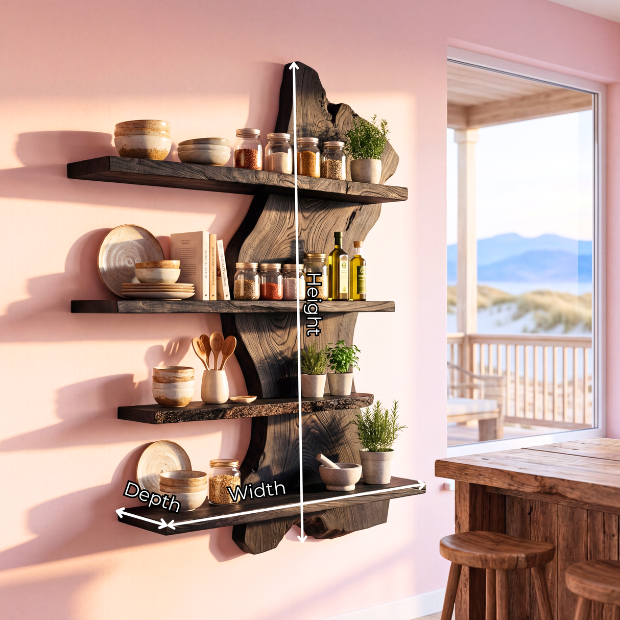 Organic Live Edge Solid Wood Wall Shelf Floating Multi Tier Display for Modern Interior