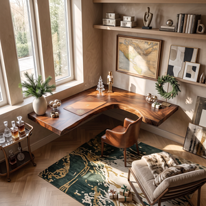 Live Edge Solid Wood Floating Desk with L Shaped Corner Design