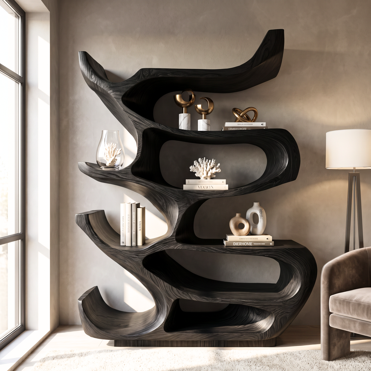 Bookshelf Solid Wood with Sculptural Organic Loop Shelves