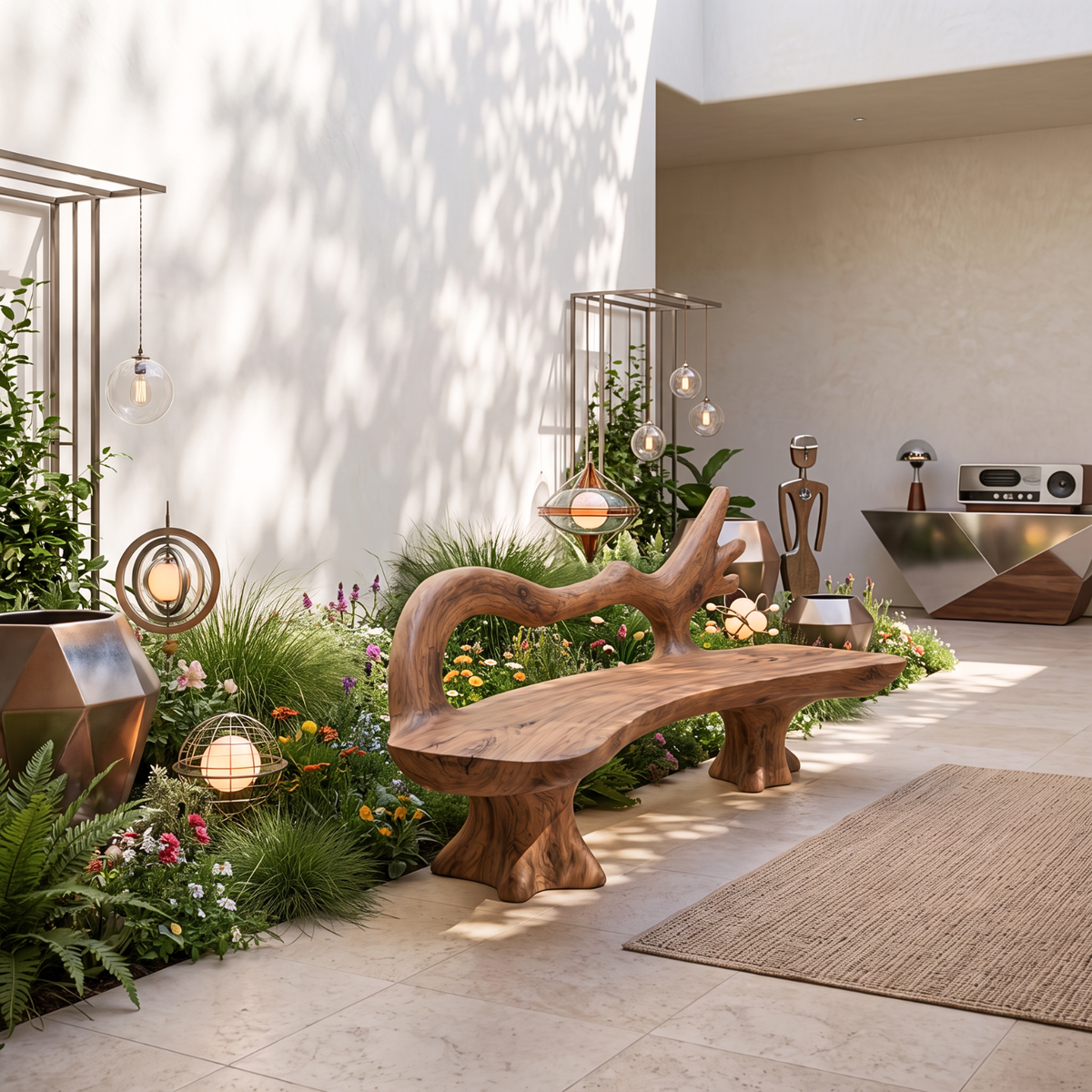 Handcrafted Solid Wood Outdoor Bench with Flowing Branch Backrest