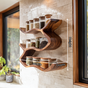 Wall Mounted Solid Wood Spice Shelf with Sculpted Ribbon Edge Design