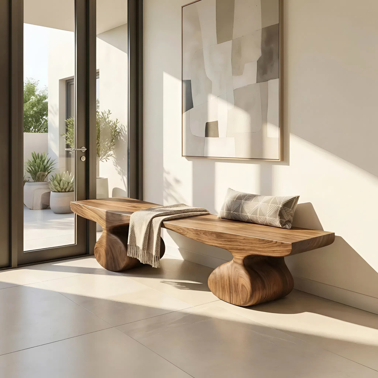 Organic Wood Bench with Sculptural Rounded Pedestal Base for Modern Interiors