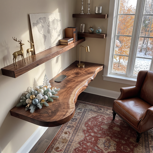 Live Edge Solid Wood Floating Desk with Organic Wall Mounted Design