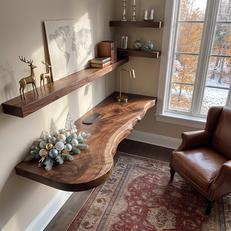 Live Edge Solid Wood Floating Desk with Organic Wall Mounted Design