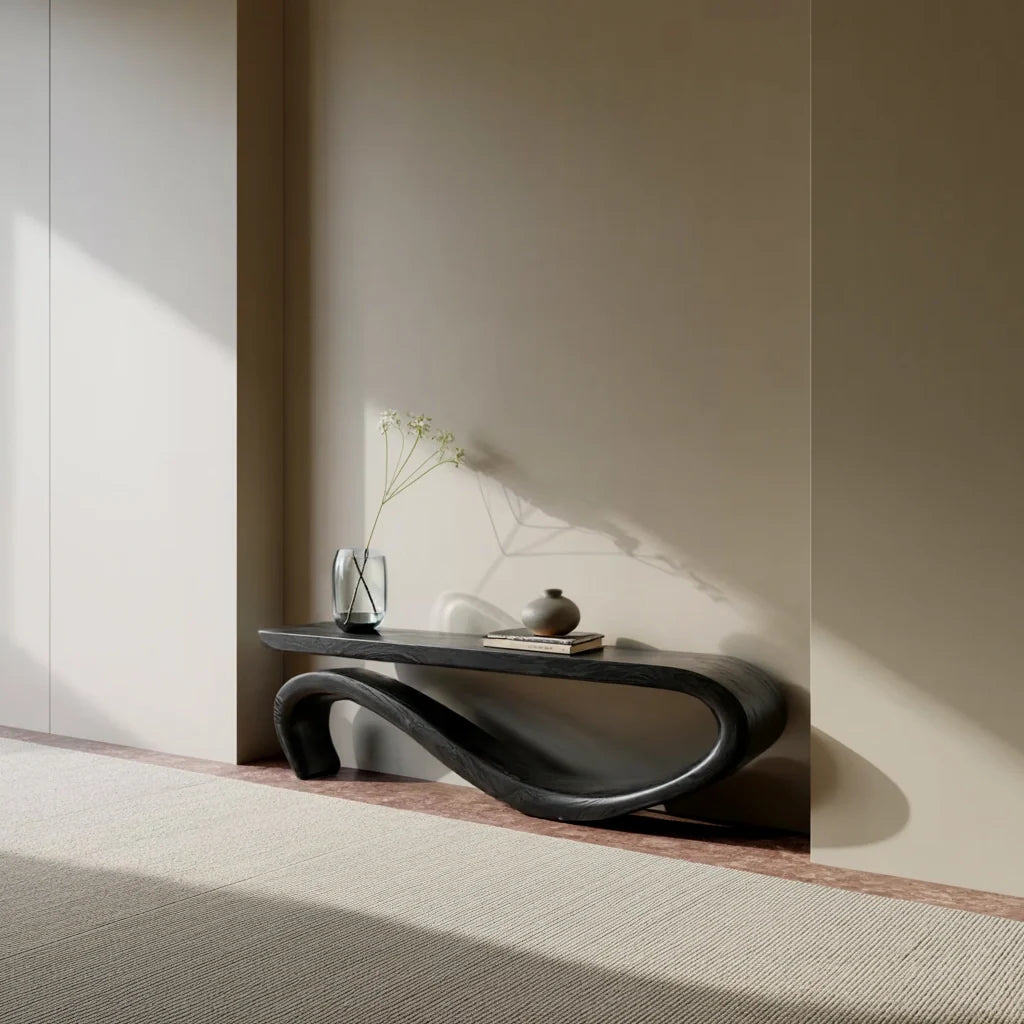 Handcrafted Organic Solid Wood Console Table with Flowing Loop Base