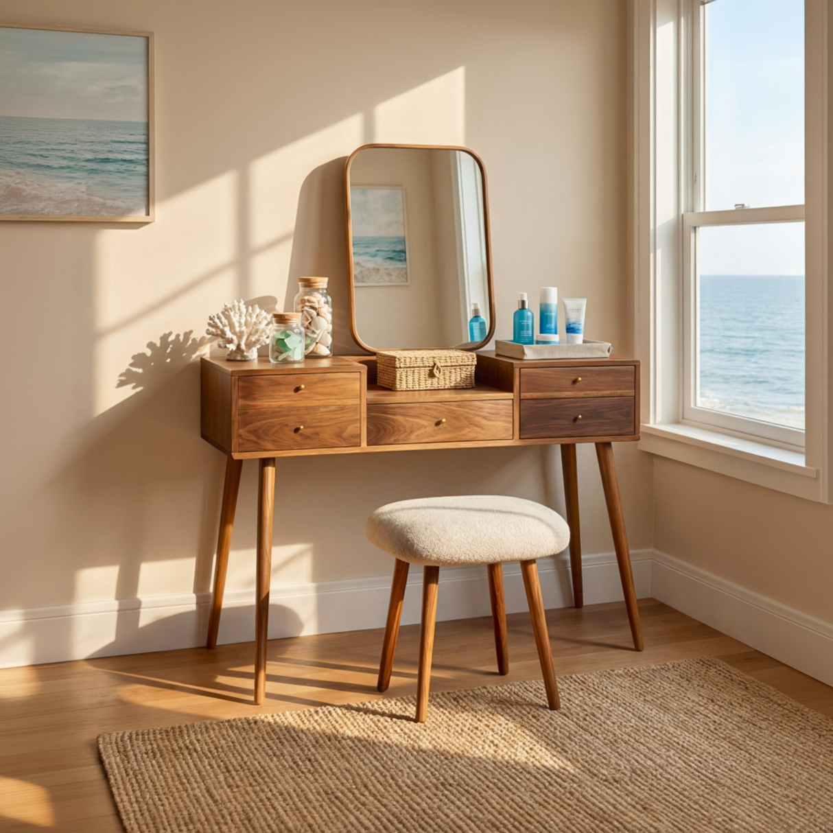 Mid Century Modern Wood Vanity Table with Drawers for Minimalist Bedrooms