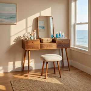 Mid Century Modern Wood Vanity Table with Drawers for Minimalist Bedrooms