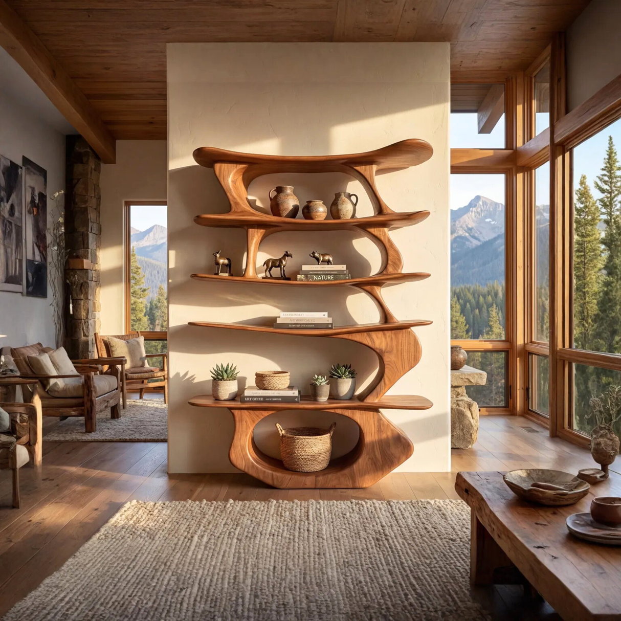 Sculpted Vertical Wood Display Shelf with Floating Asymmetrical Tiers