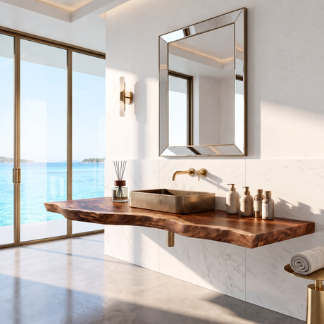 Floating Bathroom Vanity Shelf with Sculptural Live Edge Front