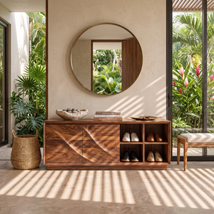 Shoe Cabinet Solid Wood with Closed Storage and Open Shelves