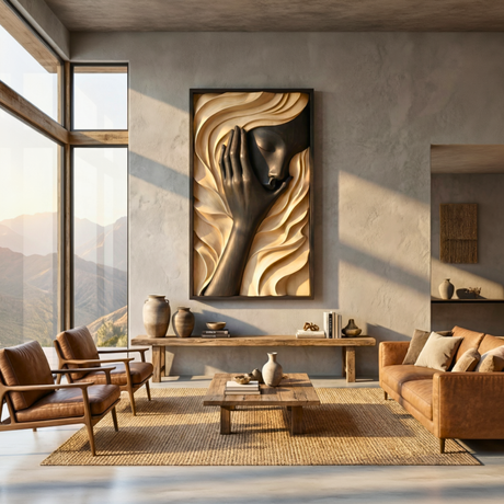 Handcrafted Solid Wood Wall Art Panel with Abstract Human Face Relief for Modern Interiors