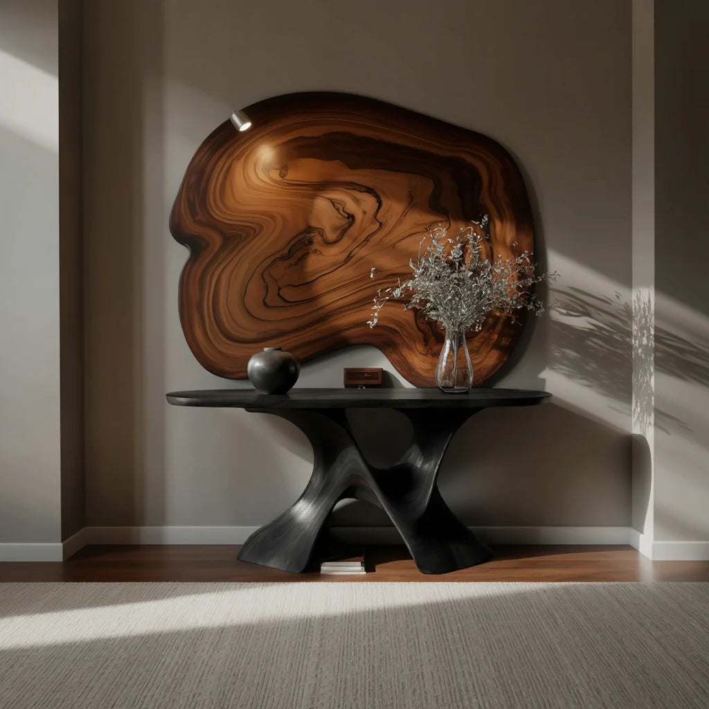 Luxury Sculptural Solid Wood Console Table with Artistic Double Pedestal Base