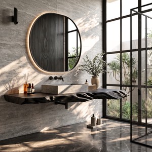 Solid Wood Floating Bathroom Vanity Shelf with Sculptural Live Edge for Modern Decor