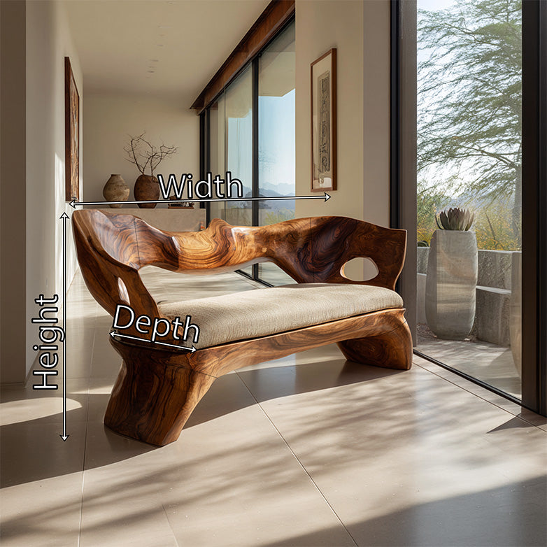 Sculptural Solid Wood Bench with Organic Carved Form